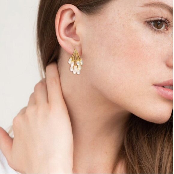 Gold and White Chandelier Earrings with Pearl Drops - Picture 14 of 14